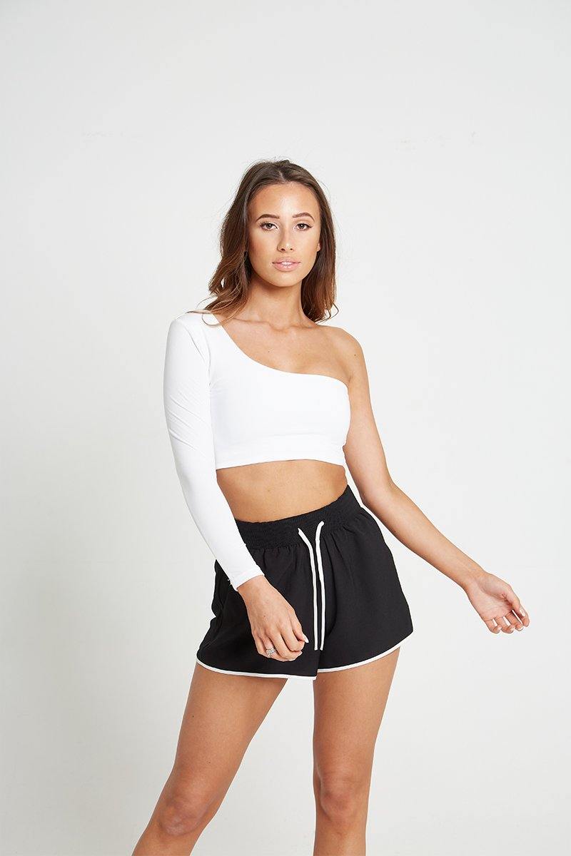One Shoulder Long Sleeve Crop Top in White - watts that trend