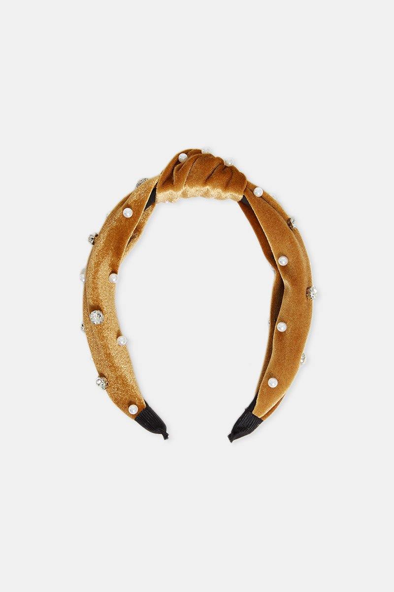 Pearl Velvet Hairband in Yellow - watts that trend