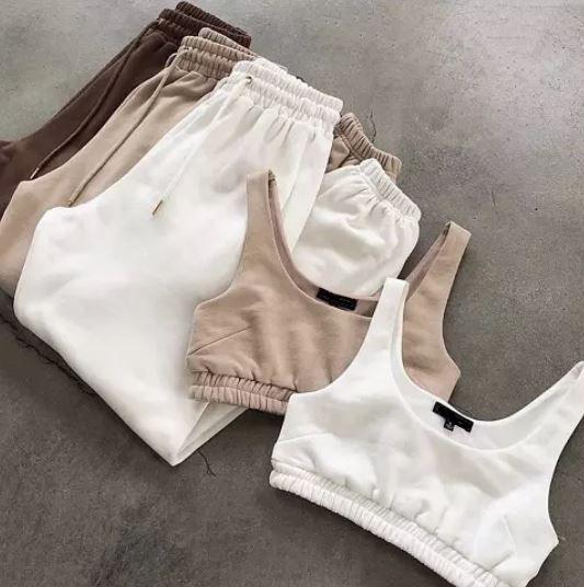 Premium Crop Top and Jogger Lounge Sets in Brown, White and Beige - watts that trend