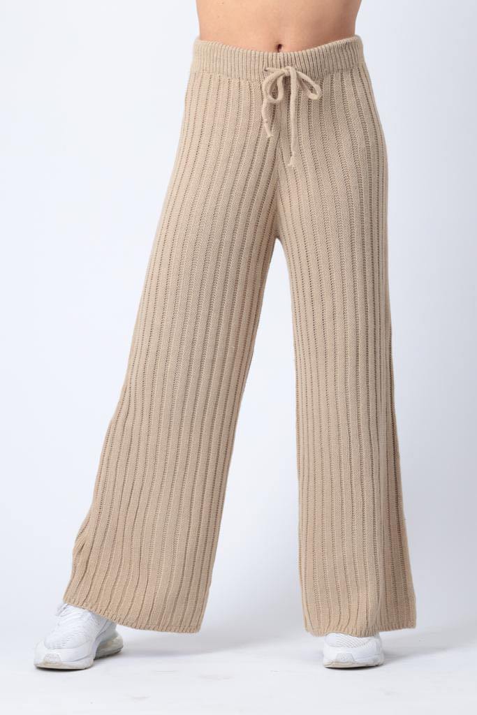 Ribbed Wide Leg Trousers in Beige - watts that trend