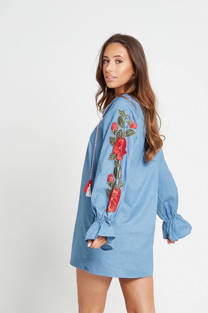 Rose Sleeve Detail Denim Dress - watts that trend