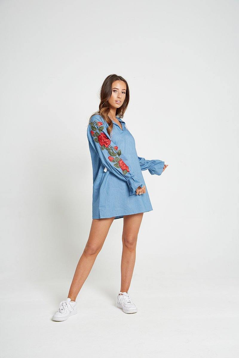 Rose Sleeve Detail Denim Dress - watts that trend