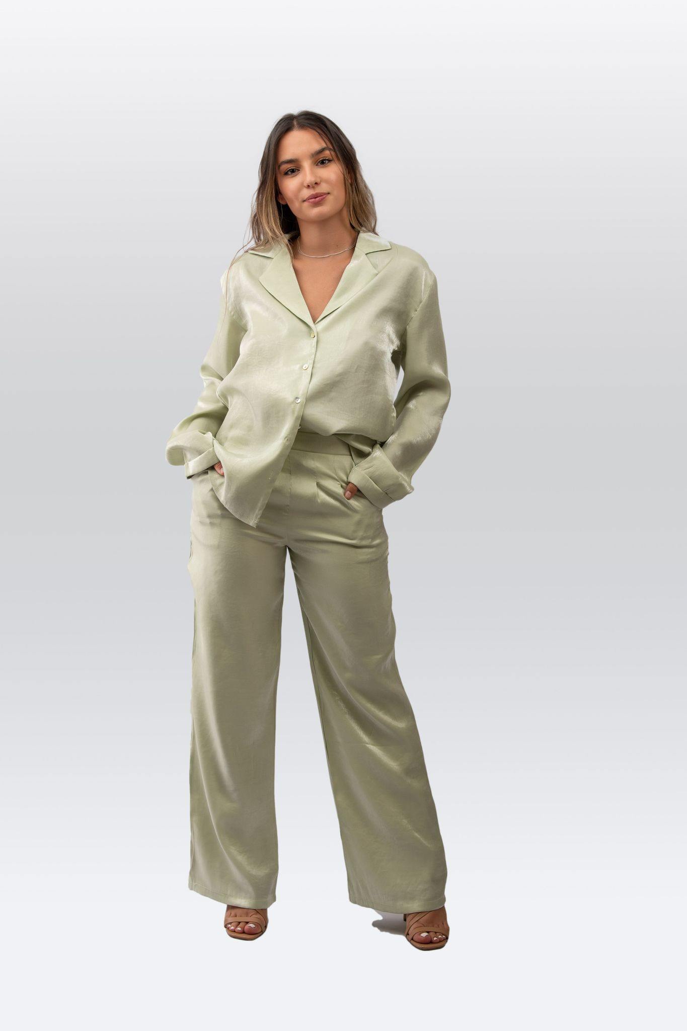 Satin Pleated Waist Trousers in Pale Sage - watts that trend