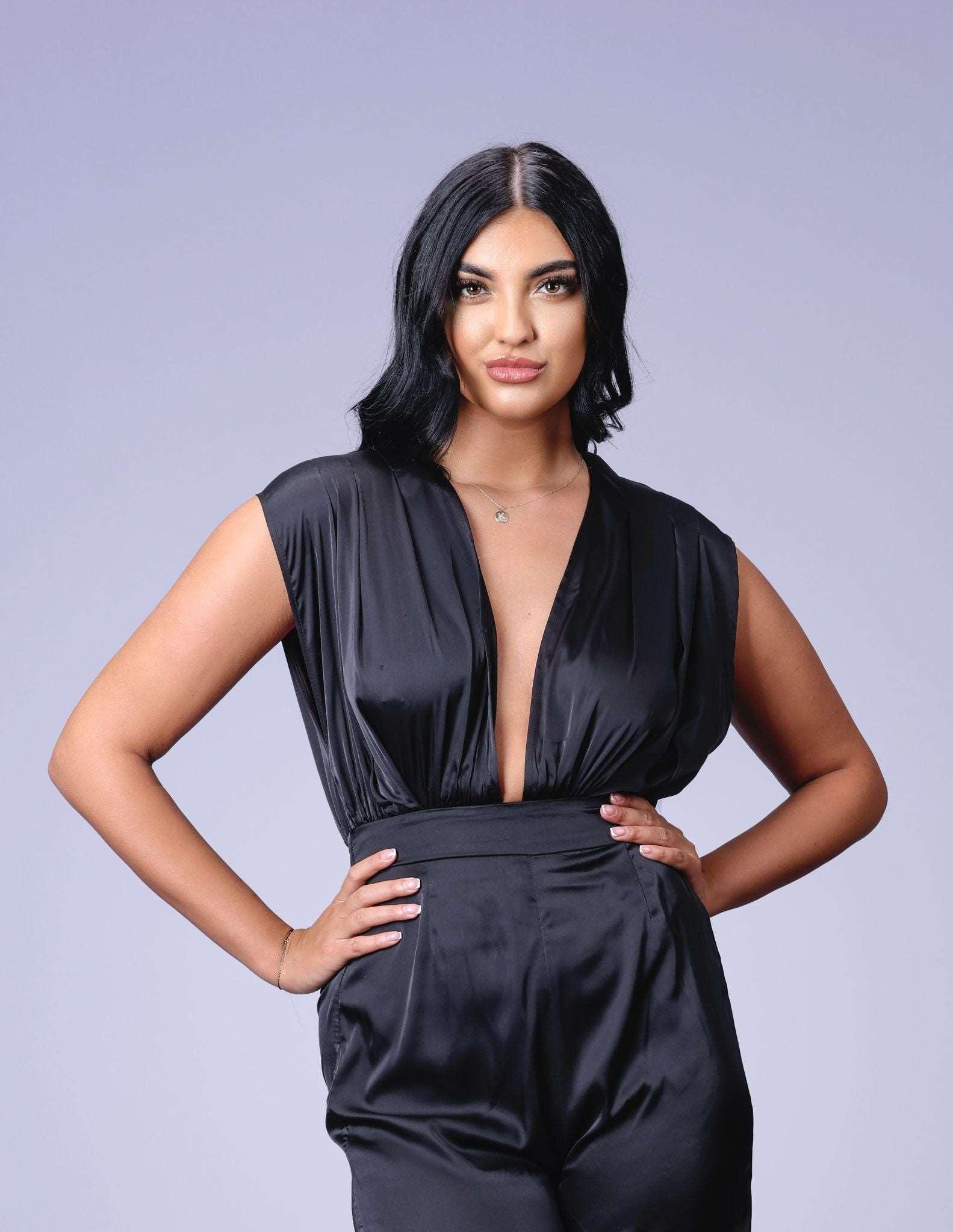 Satin Plunge Neck Jumpsuit in Black watts that trend