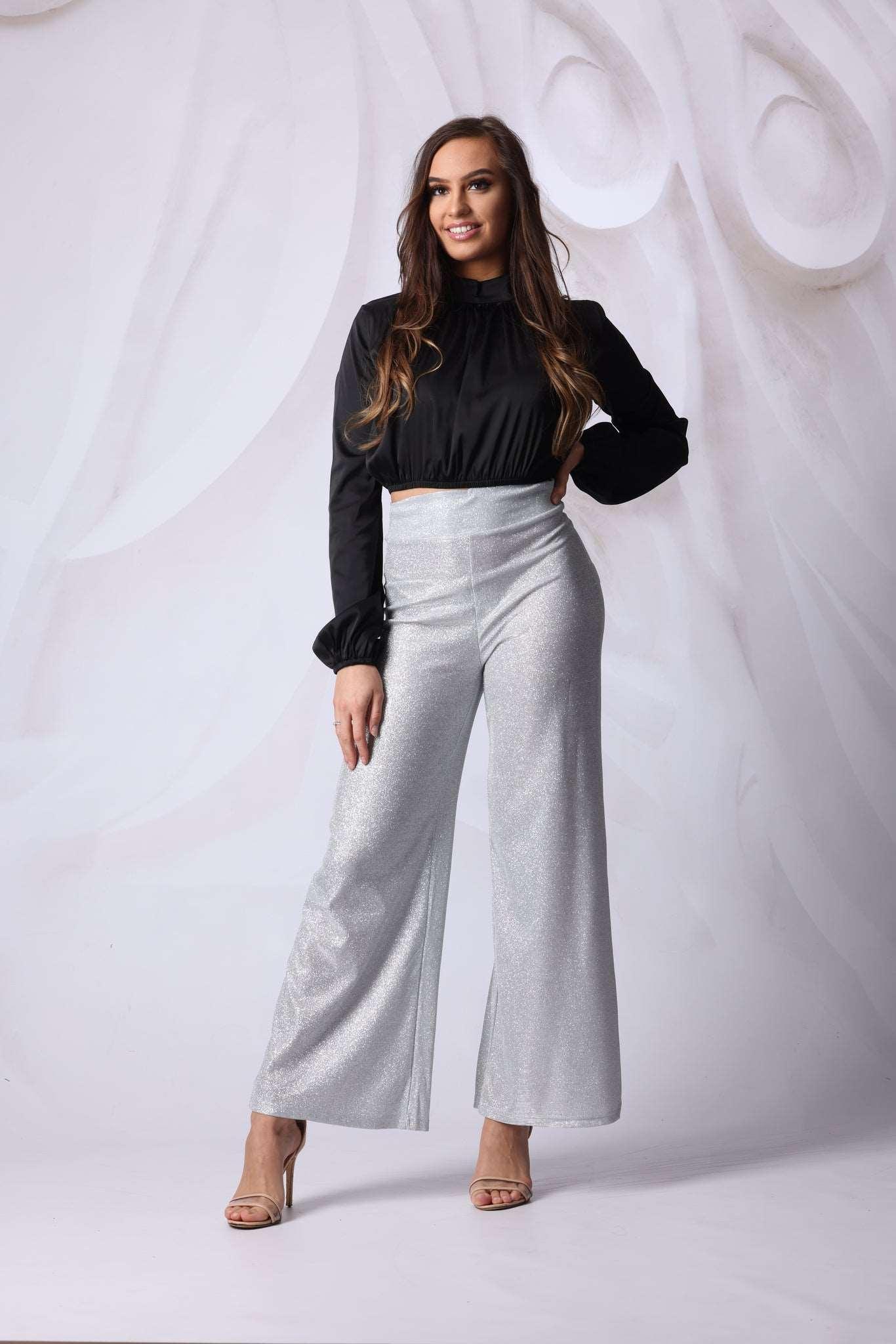 Sparkly Wide Leg Trousers in Silver