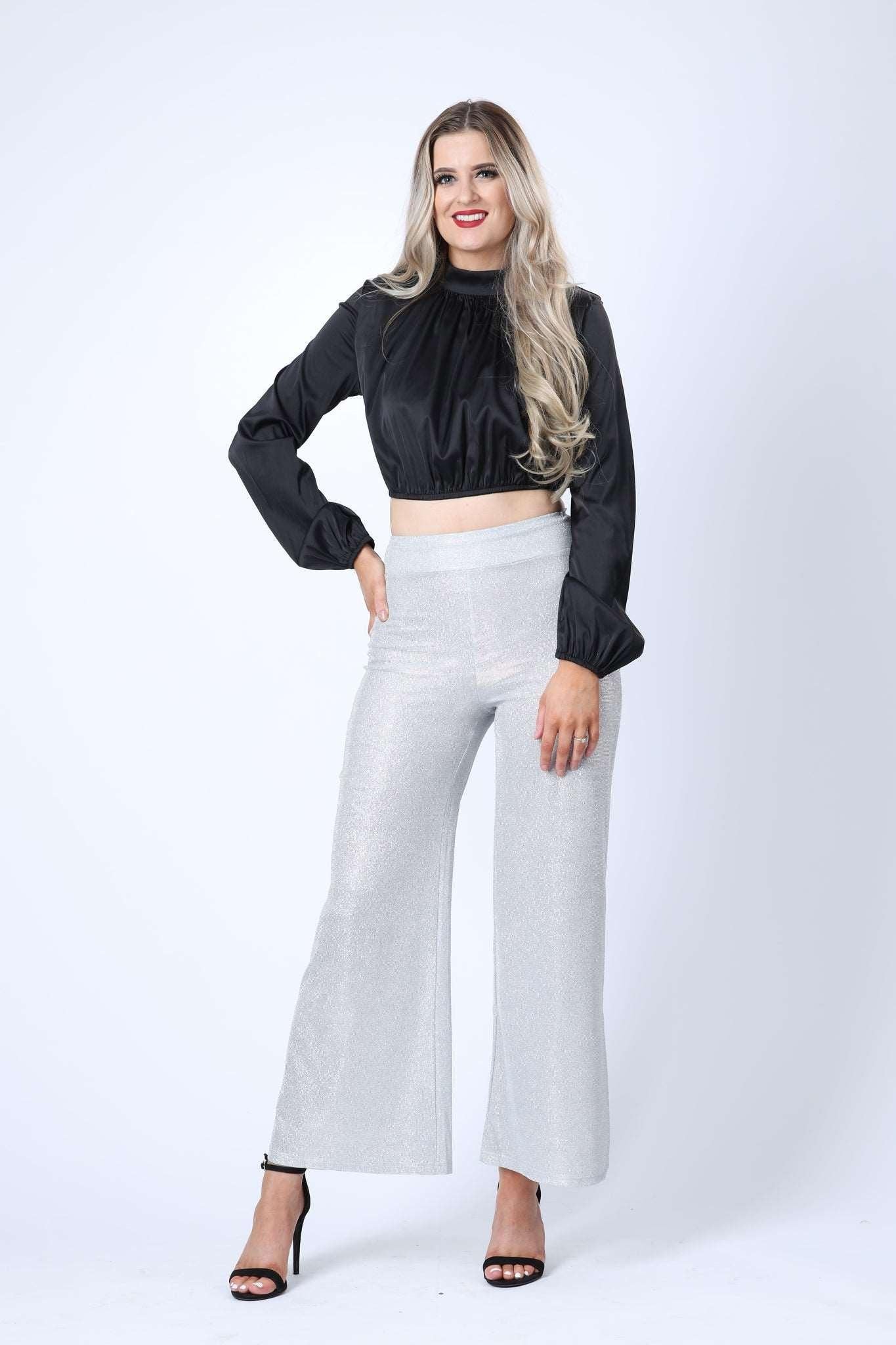 Sparkly Wide Leg Trousers in Silver