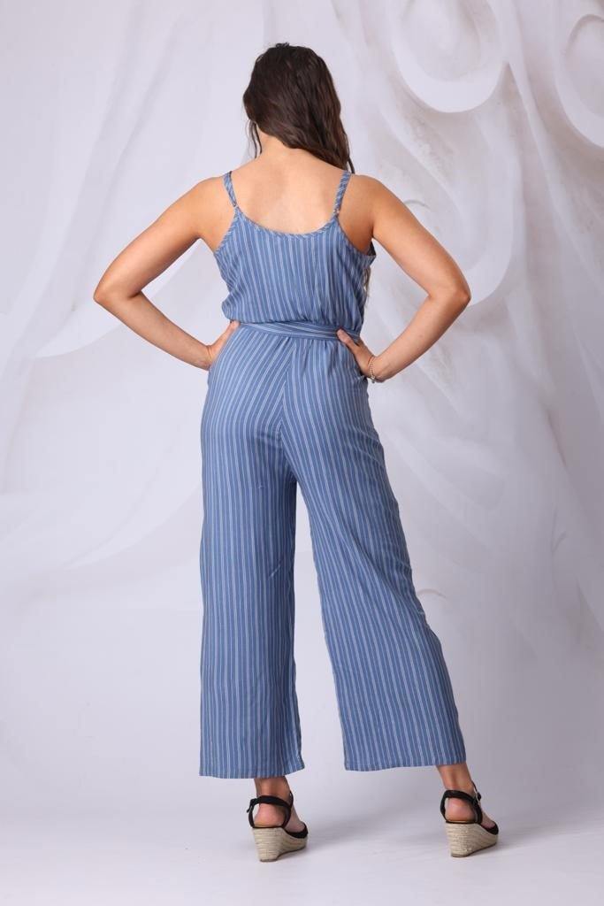 Striped denim jumpsuit deals