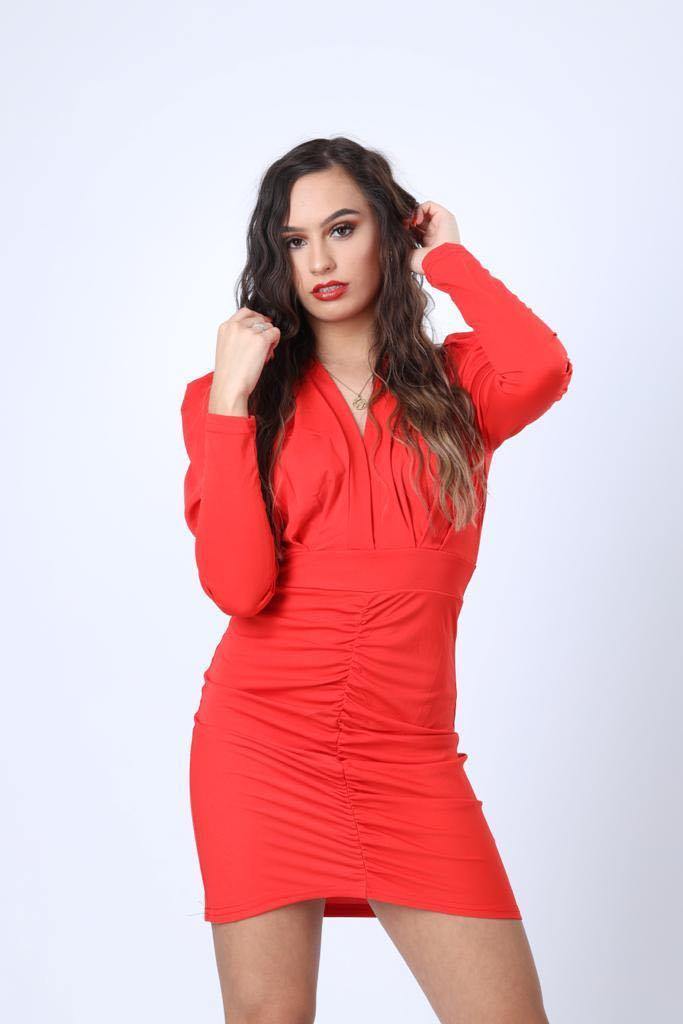 Structured Plunge Neck Dress in Red - watts that trend